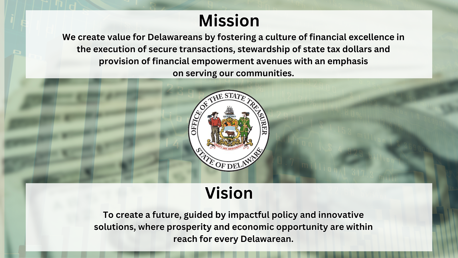 Financial background with mission and vision statements for the Office of the State Treasurer